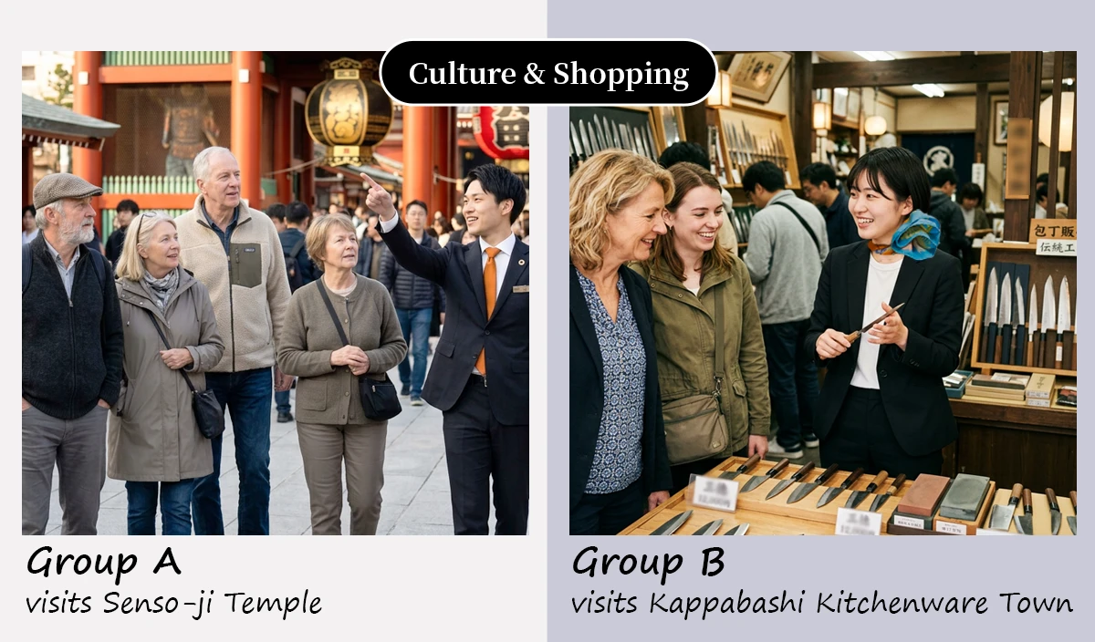 Culture & Shopping: Group A visits Senso-ji Temple, while Group B explores Tokyo Skytree or Kappabashi Kitchenware Town.