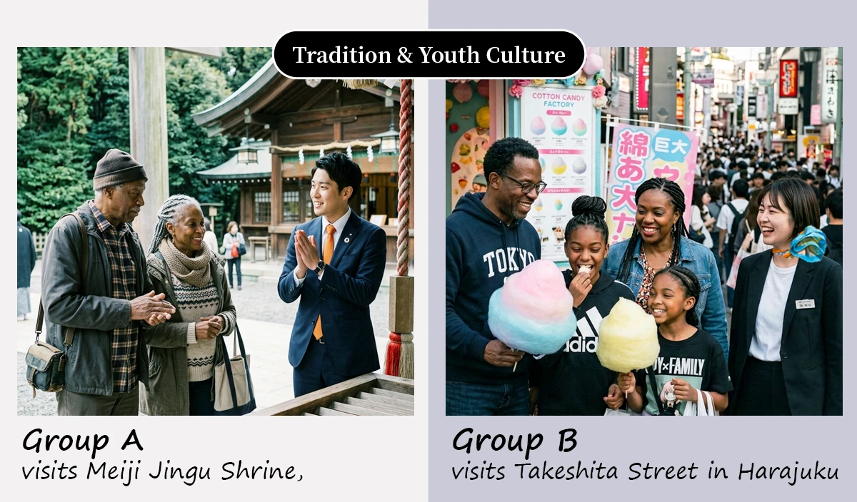 Tradition & Youth Culture: Group A tours Meiji Jingu Shrine, while Group B experiences Takeshita Street in Harajuku.