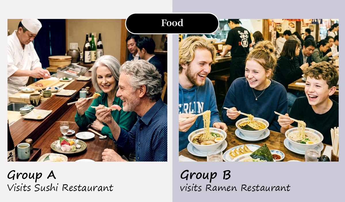Food: Group A tries Sushi, while Group B enjoys Ramen.