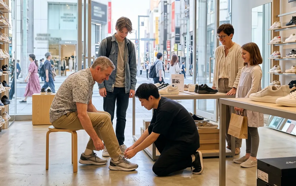 Trying on sneakers at a popular sneaker store in Tokyo