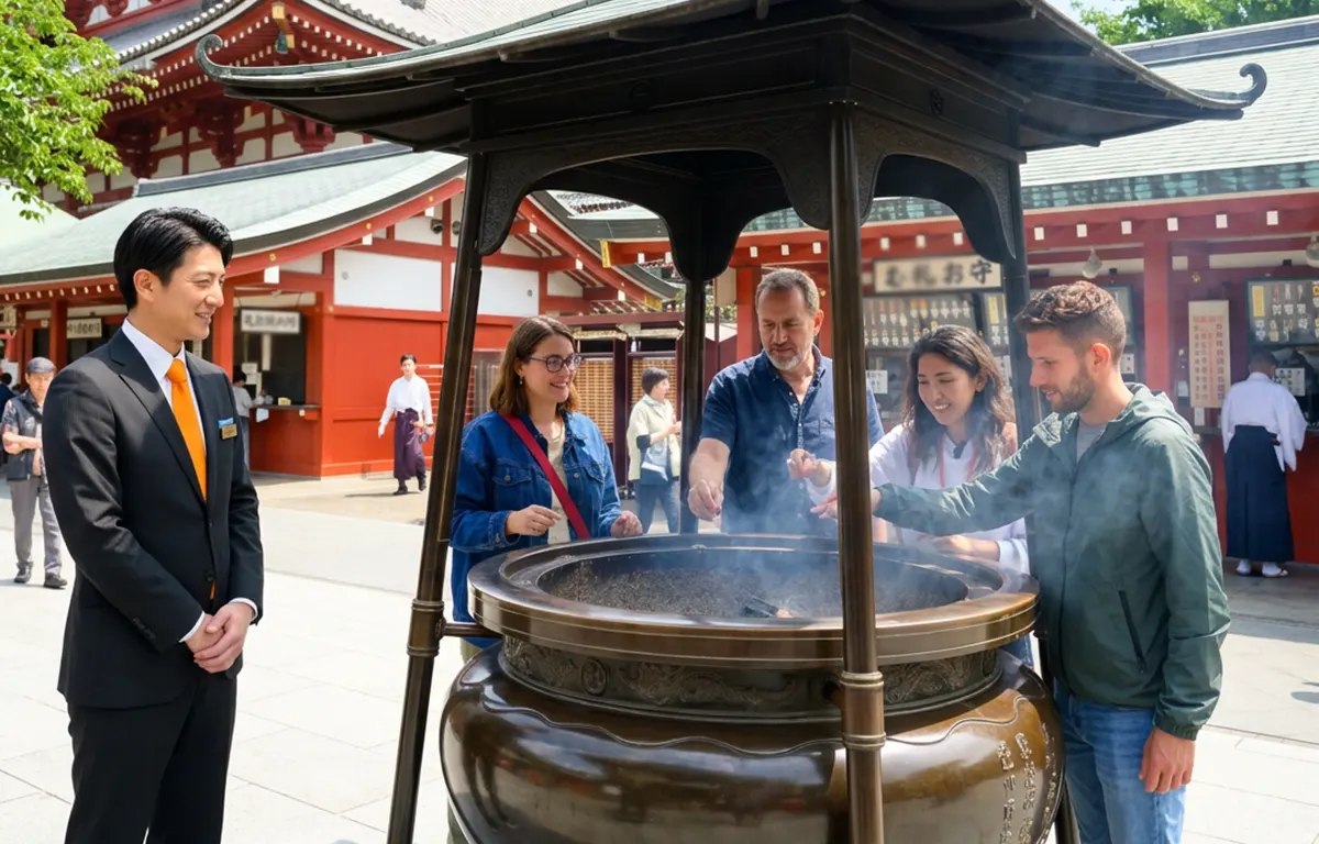 Guests experiencing Japanese tradition at Senso-ji Temple in Asakusa