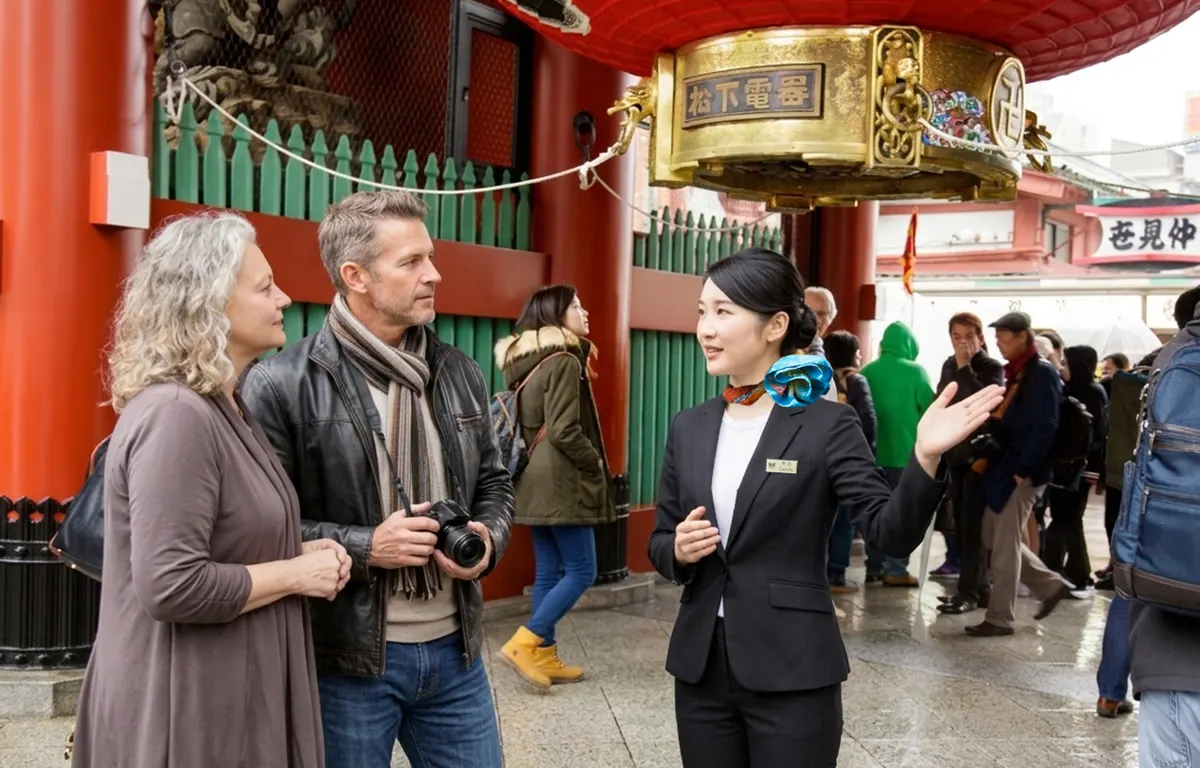 Female planner guiding guests on a private Tokyo sightseeing tour in Asakusa