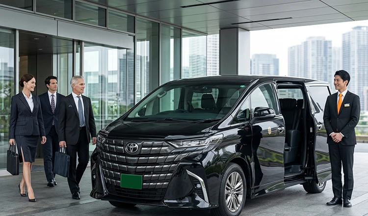 A group of businessmen getting into a car.