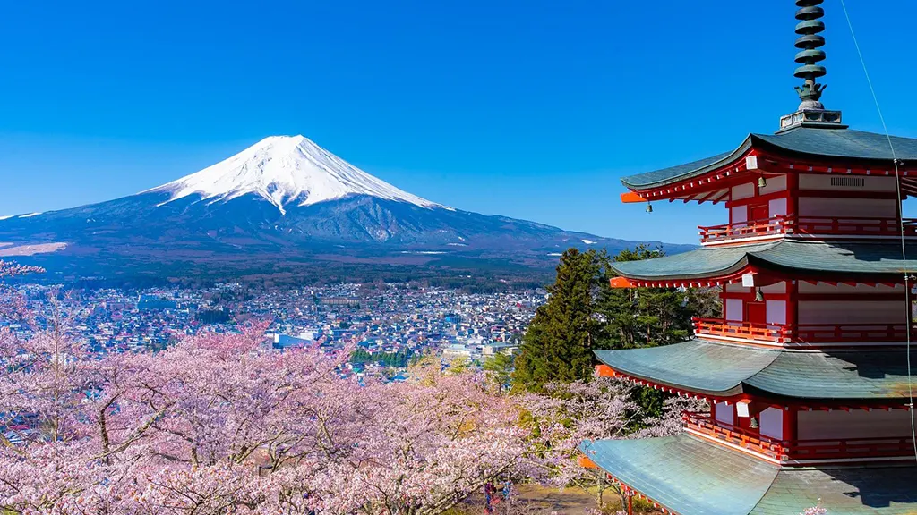 Chureito Pagoda with Mt. Fuji and blooming cherry blossoms