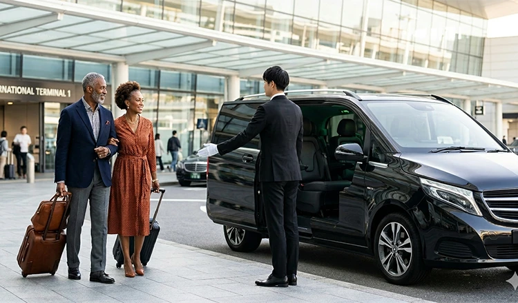 Chauffeur is greeting foreigner couple front of MPV.