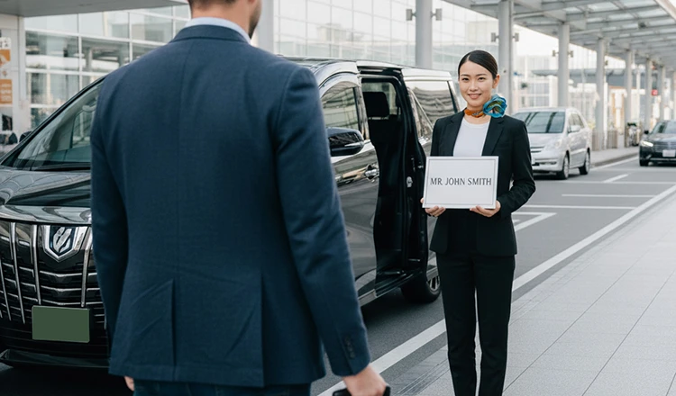 Chauffeur is holding a signboard with customer name
