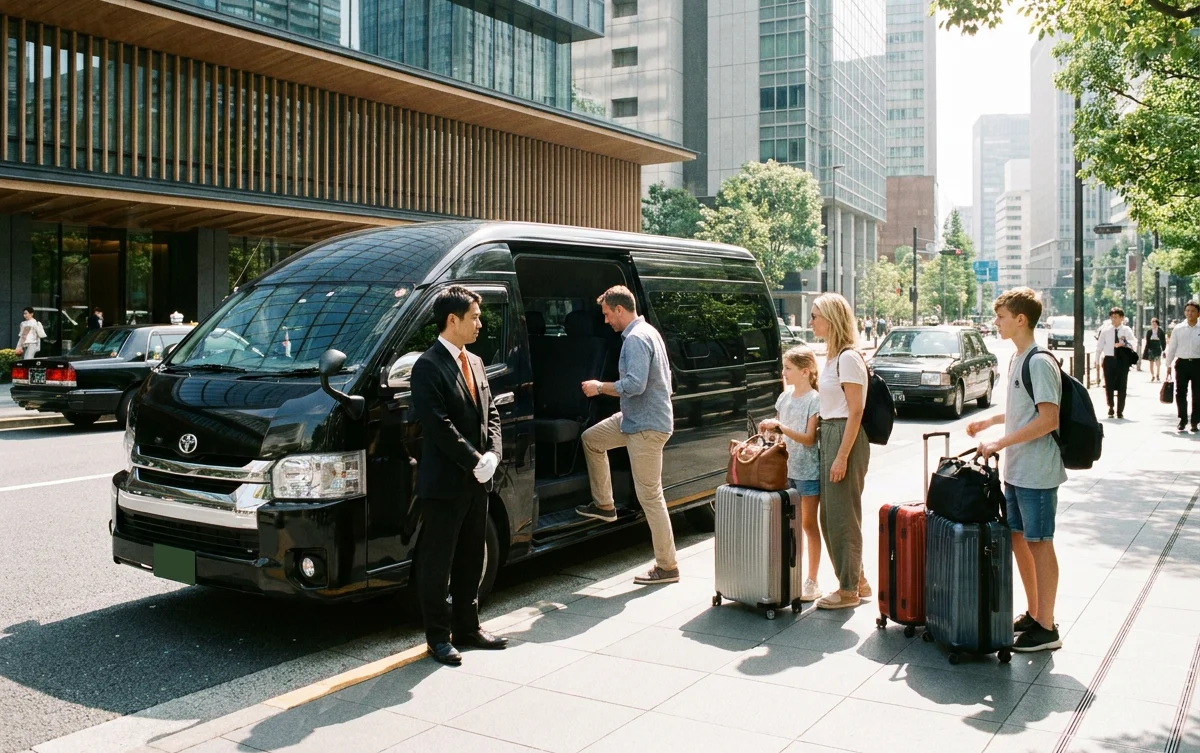 A professional chauffeur greeting guests at a Tokyo hotel for a private door-to-door transfer to Hakone