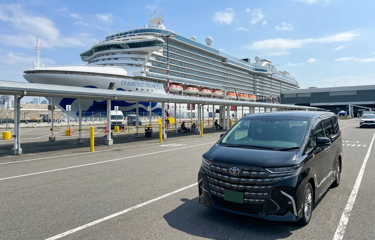 Large cruise ship and Toyota Alphard at Osanbashi Yokohama Cruise Terminal